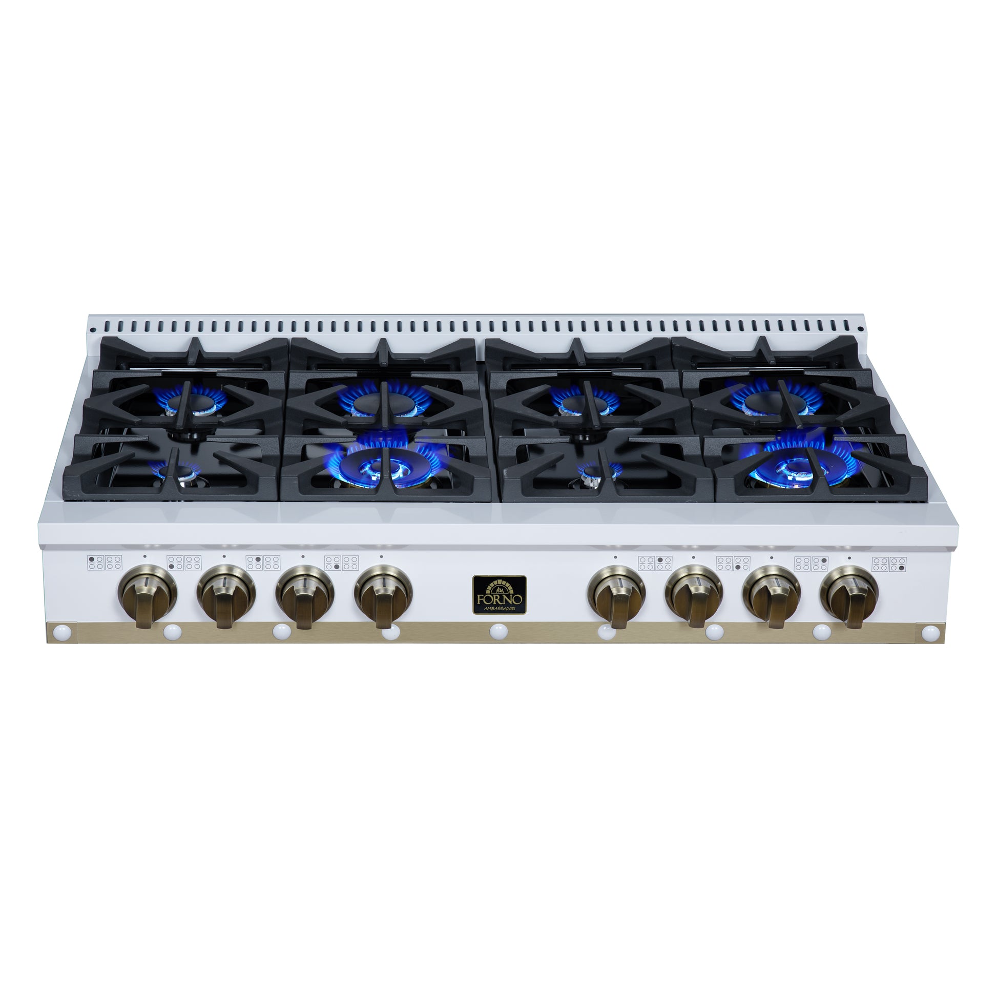 Valente 48" Gas Cooktop in White, 8 Sealed burners, 94,000 BUT Output, 2 Antique Brass Dual-Ring Burners, Continuous Cast Iron Grates - Forno Appliances