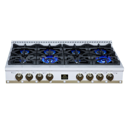Valente 48" Gas Cooktop in White, 8 Sealed burners, 94,000 BUT Output, 2 Antique Brass Dual-Ring Burners, Continuous Cast Iron Grates - Forno Appliances