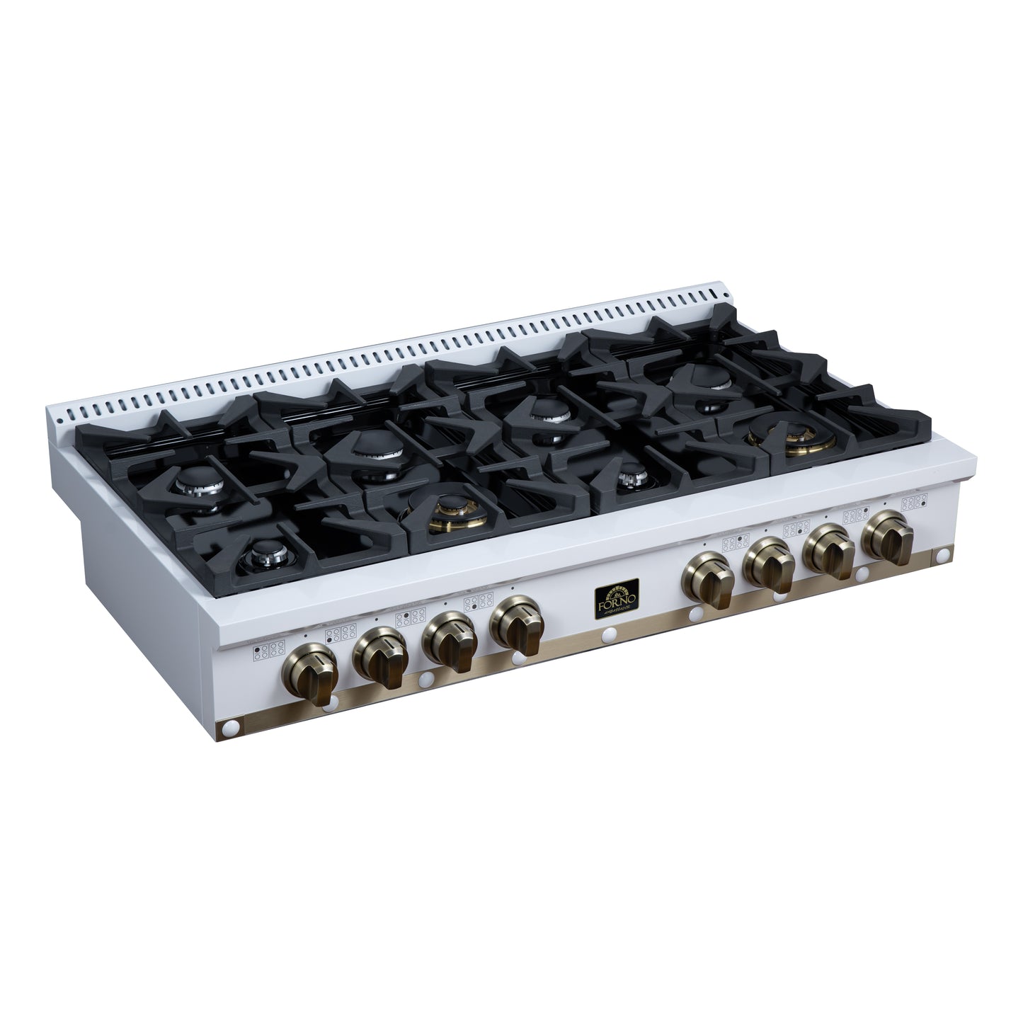 Valente 48" Gas Cooktop in White, 8 Sealed burners, 94,000 BUT Output, 2 Antique Brass Dual-Ring Burners, Continuous Cast Iron Grates - Forno Appliances