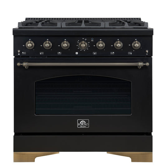 Forno Antico cuisinière à gaz autoportante 36 pouces, noire, design laiton antique, 6 brûleurs, four à convection, économe en énergie - Forno Appliances