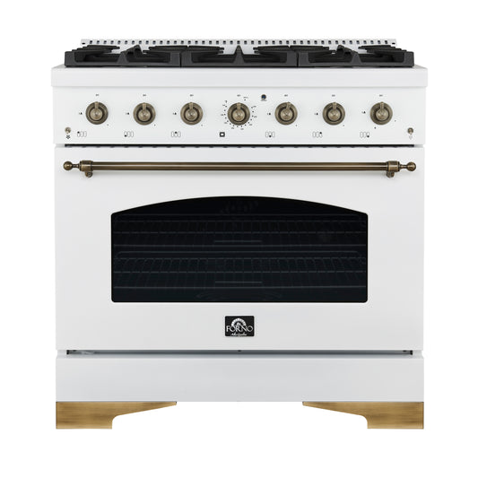 Cuisinière à gaz autoportante Forno Antico 36 po, blanche, design laiton antique, 6 brûleurs, four à convection, économe en énergie - Forno Appliances