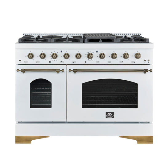 Cuisinière à gaz autoportante Forno Antico 48 pouces, blanche, design laiton vieilli, 8 brûleurs, plaque, double four, économe en énergie - Forno Appliances