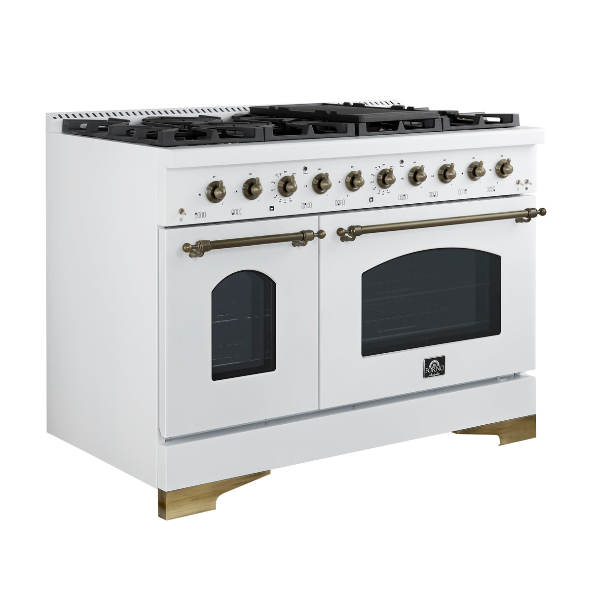 Cuisinière à gaz autoportante Forno Antico 48 pouces, blanche, design laiton vieilli, 8 brûleurs, plaque, double four, économe en énergie - Forno Appliances