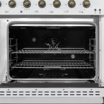 Cuisinière à gaz autoportante Forno Antico 48 pouces, blanche, design laiton vieilli, 8 brûleurs, plaque, double four, économe en énergie - Forno Appliances
