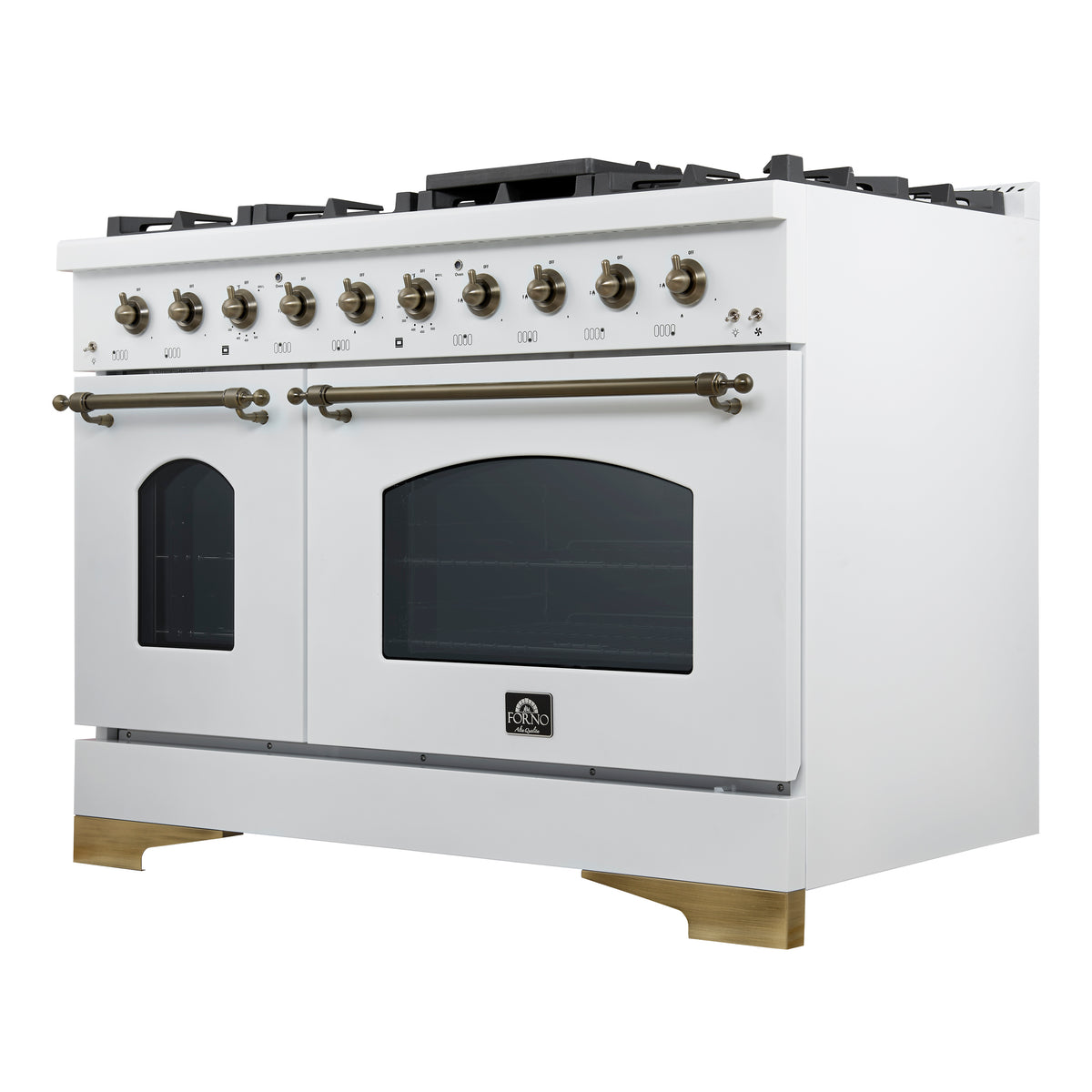 Cuisinière à gaz autoportante Forno Antico 48 pouces, blanche, design laiton vieilli, 8 brûleurs, plaque, double four, économe en énergie - Forno Appliances