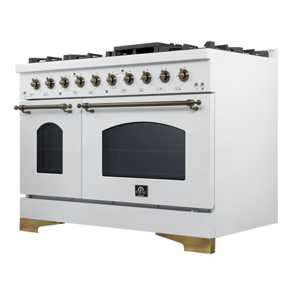 Cuisinière à gaz autoportante Forno Antico 48 pouces, blanche, design laiton vieilli, 8 brûleurs, plaque, double four, économe en énergie - Forno Appliances
