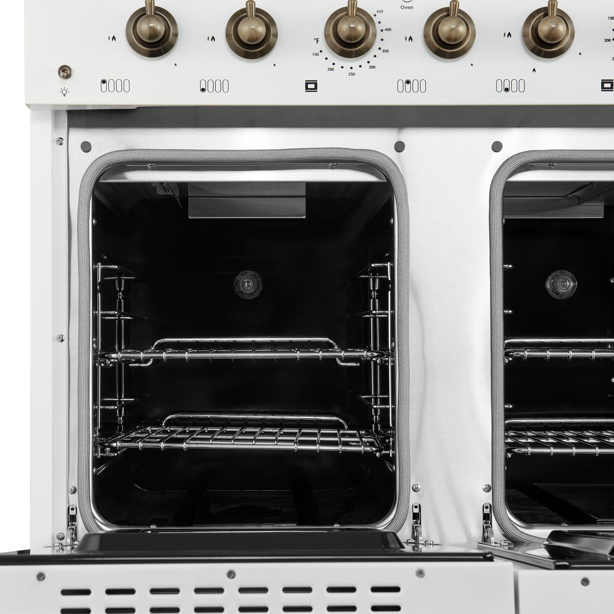 Cuisinière à gaz autoportante Forno Antico 48 pouces, blanche, design laiton vieilli, 8 brûleurs, plaque, double four, économe en énergie - Forno Appliances