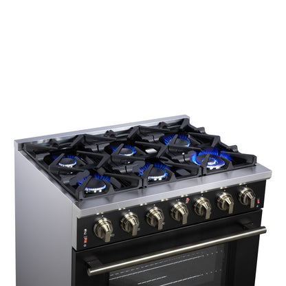 Forno Massimo 36-Inch Black Freestanding Gas Range, 6 Sealed Burners, Convection Oven, Energy Efficient