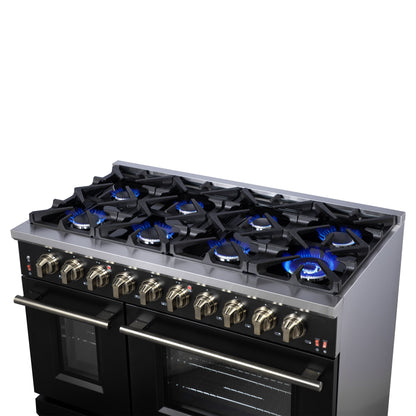 Cuisinière à gaz autonome noire Forno Massimo de 48 pouces, 8 brûleurs, four à convection véritable