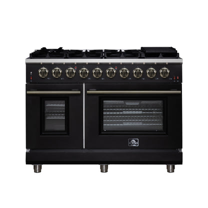 Cuisinière à gaz autonome noire Forno Massimo de 48 pouces, 8 brûleurs, four à convection véritable