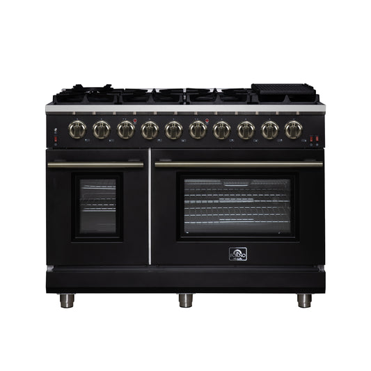 Cuisinière à gaz autonome noire Forno Massimo de 48 pouces, 8 brûleurs, four à convection véritable