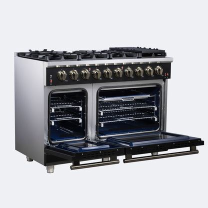 Cuisinière à gaz autonome noire Forno Massimo de 48 pouces, 8 brûleurs, four à convection véritable