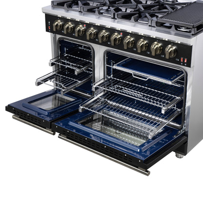 Cuisinière à gaz autonome noire Forno Massimo de 48 pouces, 8 brûleurs, four à convection véritable