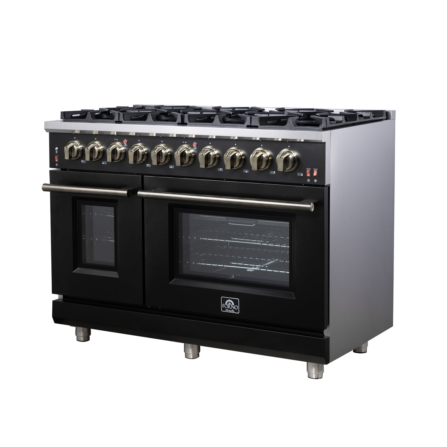 Cuisinière à gaz autonome noire Forno Massimo de 48 pouces, 8 brûleurs, four à convection véritable