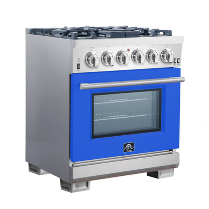 Forno Capriasca 30-Inch Freestanding Gas Range, 4 Burners, True Convection Oven, Blue Door