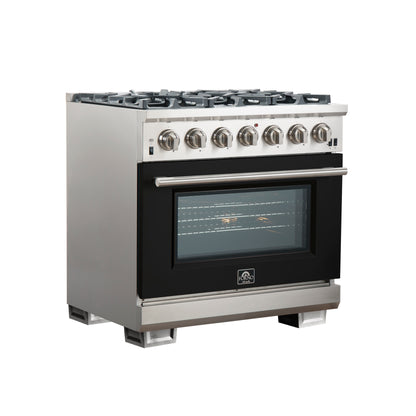 Forno Capriasca 36-Inch Gas Range, Stainless Steel, 6 Brass Burners, 120,000 BTU, Convection Oven, Energy Efficient, Black door