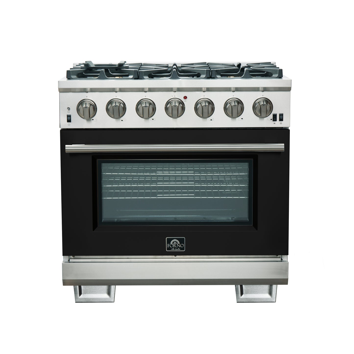 Forno Capriasca 36-Inch Gas Range, Stainless Steel, 6 Brass Burners, 120,000 BTU, Convection Oven, Energy Efficient, Black door