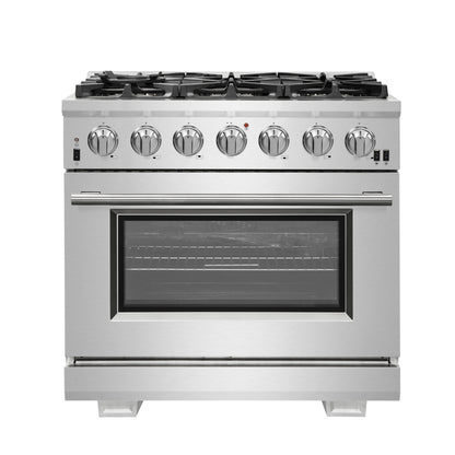 Cocina a gas Forno Capriasca de 36 pulgadas, acero inoxidable, 6 quemadores de latón, 120,000 BTU, horno de convección, eficiencia energética