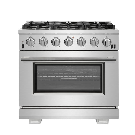 Cuisinière à gaz Forno Capriasca de 36 pouces, acier inoxydable, 6 brûleurs en laiton, 120 000 BTU, four à convection, écoénergétique