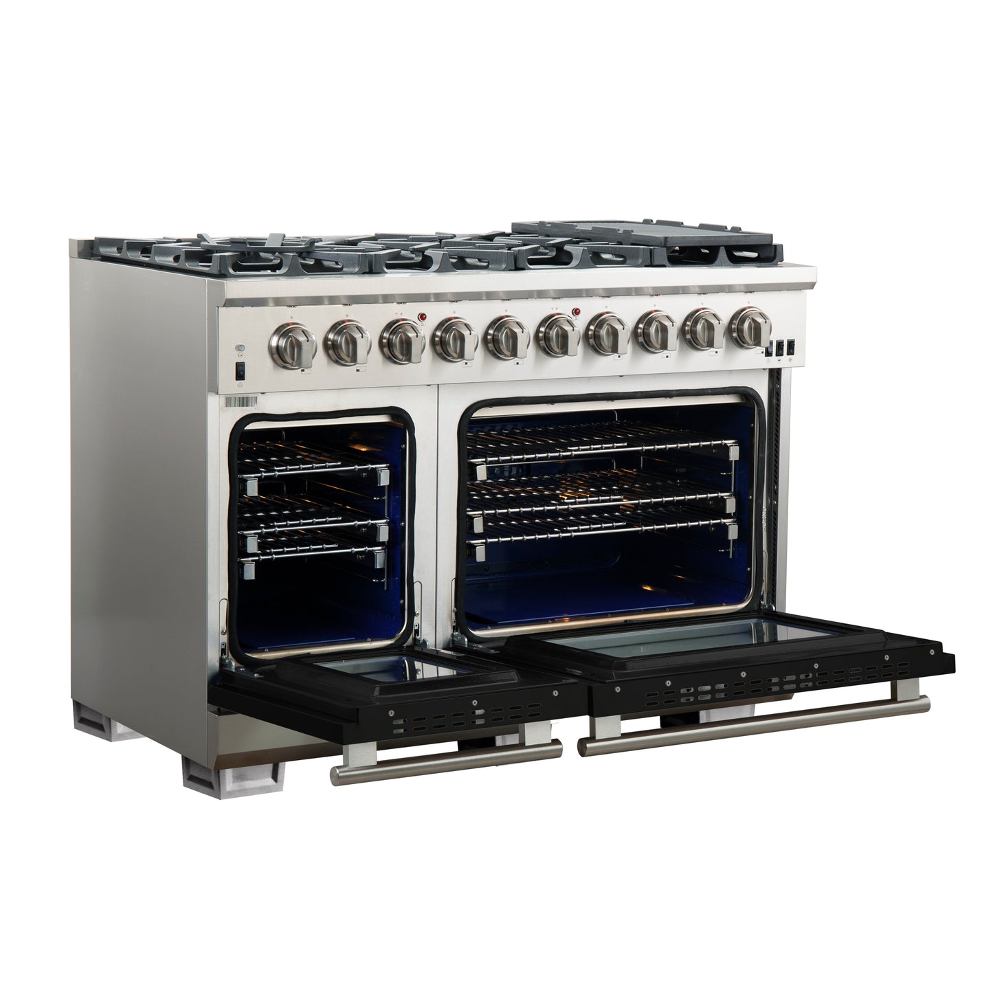 FORNO Capriasca 48-inch Gas Range Stainless Steel, 8 Brass Burners 160,000 BTU, 6.58 cu.ft. Double Oven, Black Doors
