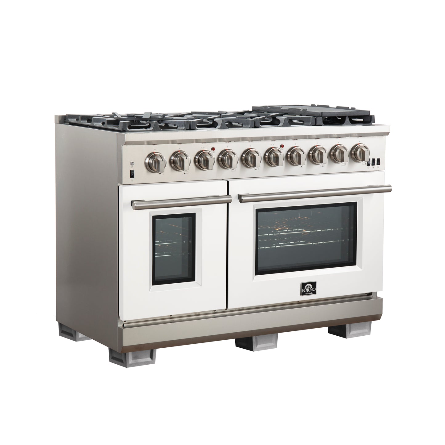 FORNO Capriasca 48-inch Gas Range Stainless Steel, 8 Brass Burners 160,000 BTU, 6.58 cu.ft. Double Oven, White Doors