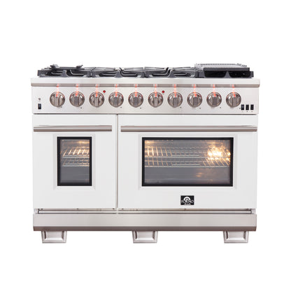 FORNO Capriasca 48-inch Gas Range Stainless Steel, 8 Brass Burners 160,000 BTU, 6.58 cu.ft. Double Oven, White Doors