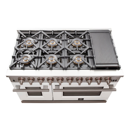 FORNO Capriasca 48-inch Gas Range Stainless Steel, 8 Brass Burners 160,000 BTU, 6.58 cu.ft. Double Oven, White Doors