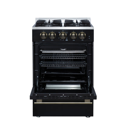 Forno Breno 24 Inch Freestanding Gas Range in Black with Antique Brass, Plug Included, Energy Efficient