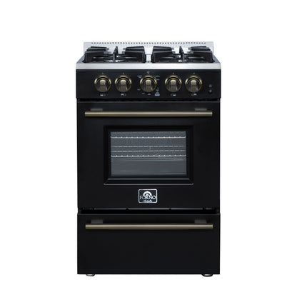 Forno Breno 24 Inch Freestanding Gas Range in Black with Antique Brass, Plug Included, Energy Efficient