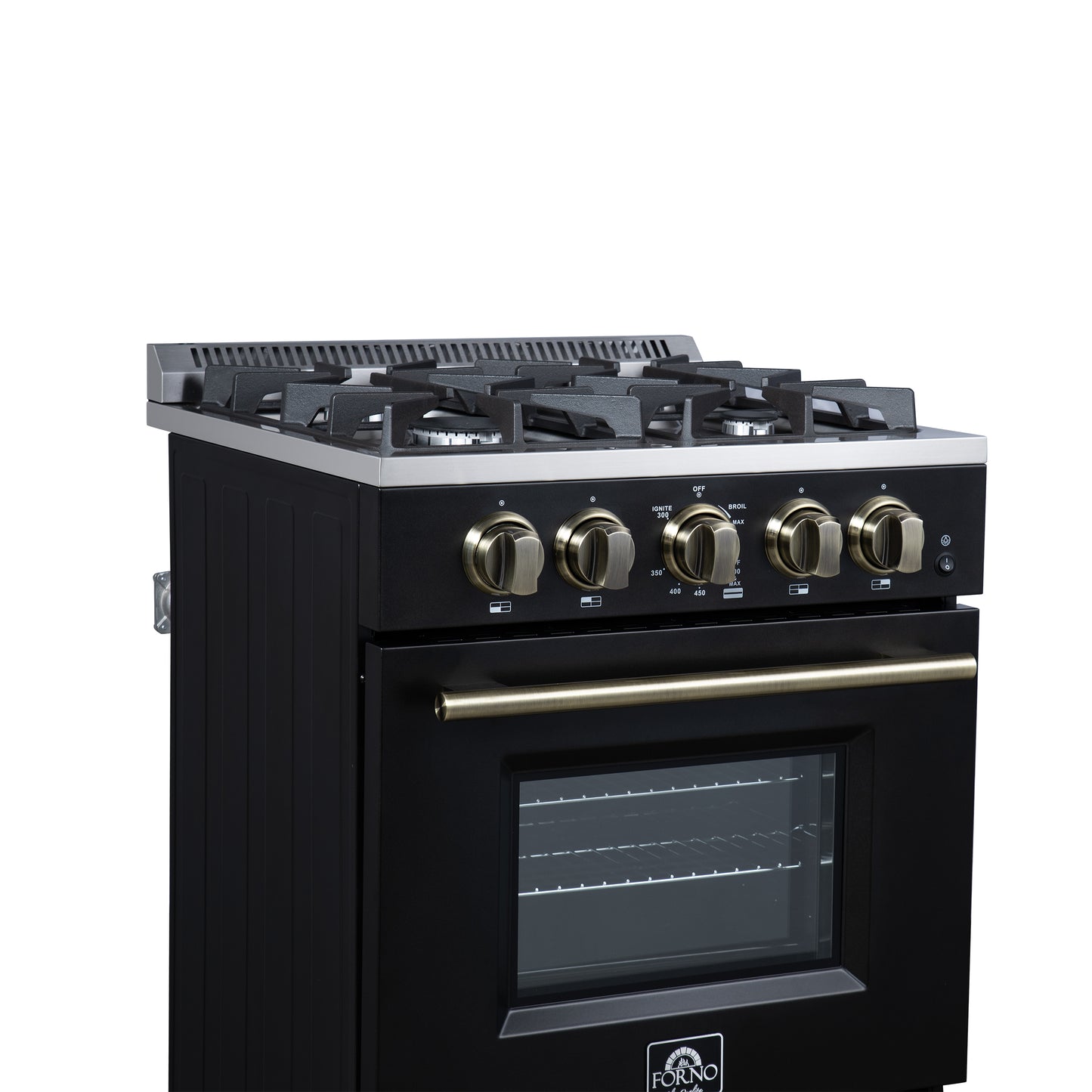 Forno Breno 24 Inch Freestanding Gas Range in Black with Antique Brass, Plug Included, Energy Efficient