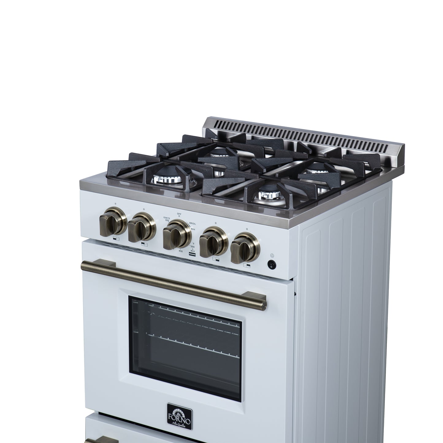Forno Breno 24 Inch Freestanding Gas Range in White with Antique Brass, Plug Included, Energy Efficient