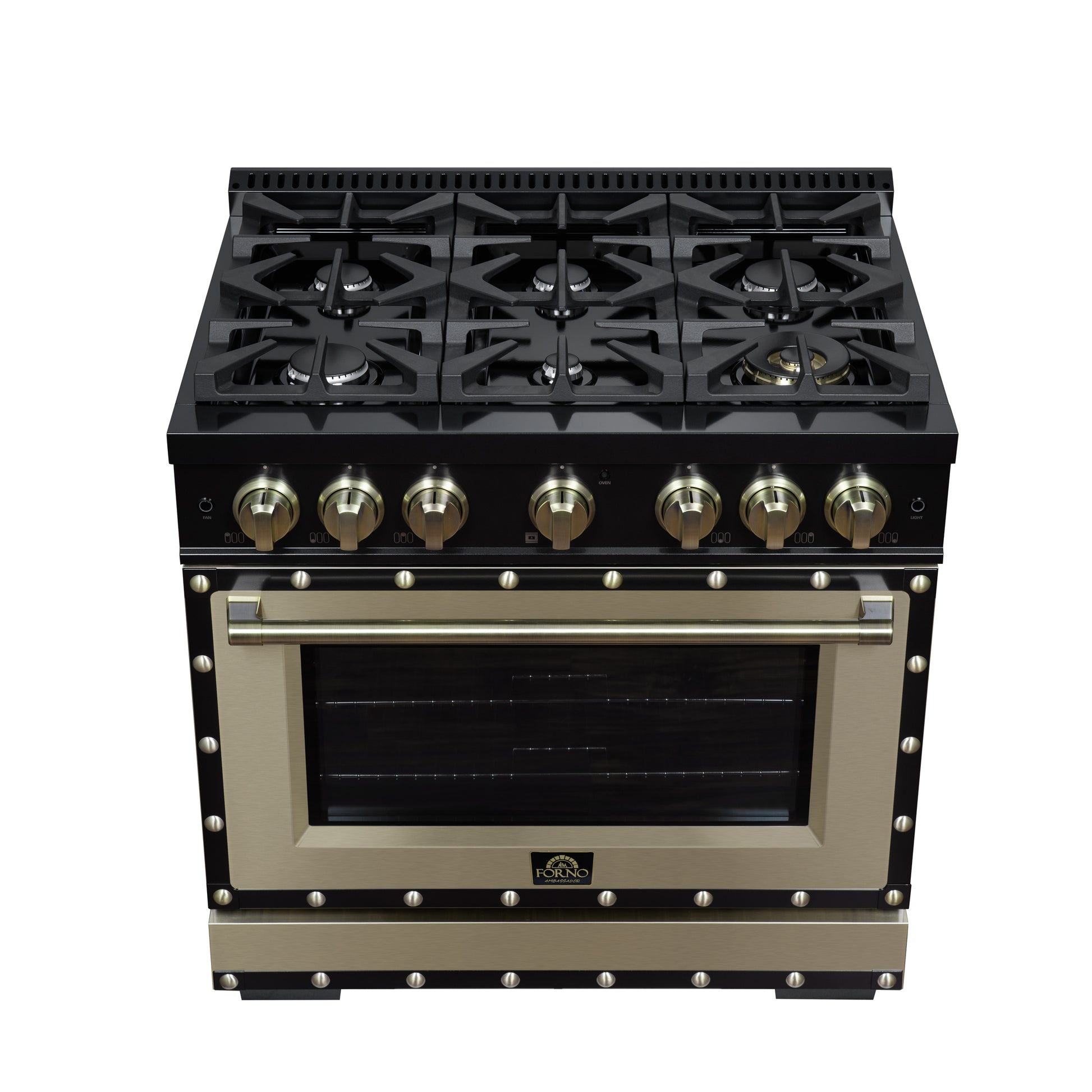 Valente 36" Gas Range in Black, 6 Sealed Burnes, 71 000 BTU Cooktop Output , 5.2 Cu.Ft. convection Oven, Telescopic Racks - Forno Appliances
