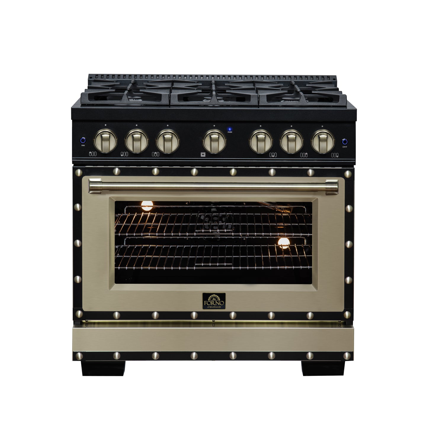 Valente 36" Gas Range in Black, 6 Sealed Burnes, 71 000 BTU Cooktop Output , 5.2 Cu.Ft. convection Oven, Telescopic Racks - Forno Appliances
