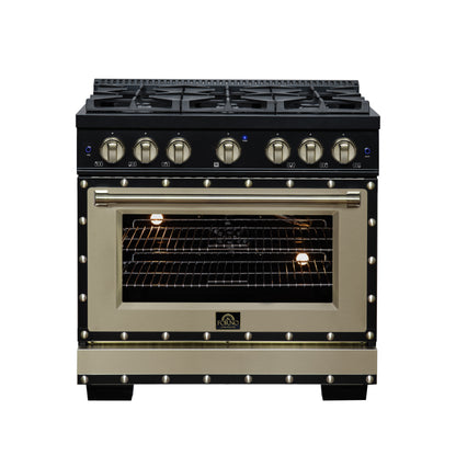 Valente 36" Gas Range in Black, 6 Sealed Burnes, 71 000 BTU Cooktop Output , 5.2 Cu.Ft. convection Oven, Telescopic Racks - Forno Appliances