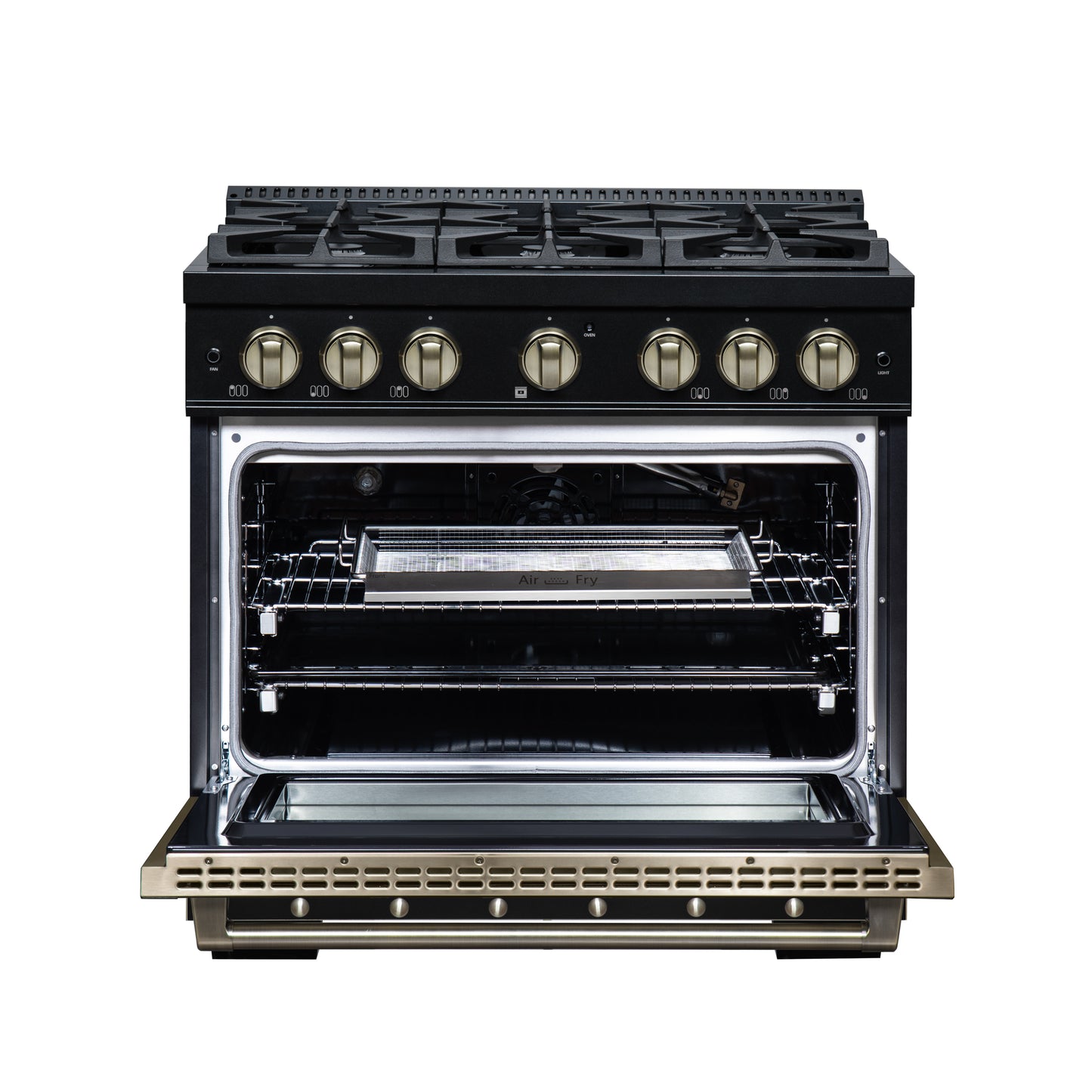 Valente 36" Gas Range in Black, 6 Sealed Burnes, 71 000 BTU Cooktop Output , 5.2 Cu.Ft. convection Oven, Telescopic Racks - Forno Appliances