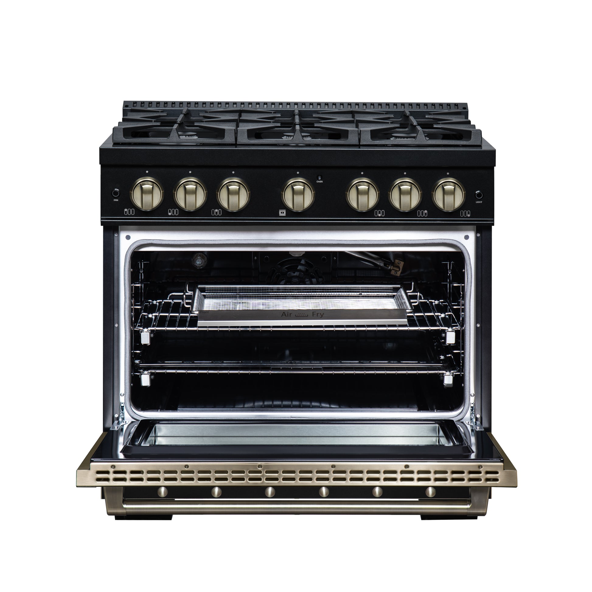 Valente 36" Gas Range in Black, 6 Sealed Burnes, 71 000 BTU Cooktop Output , 5.2 Cu.Ft. convection Oven, Telescopic Racks - Forno Appliances
