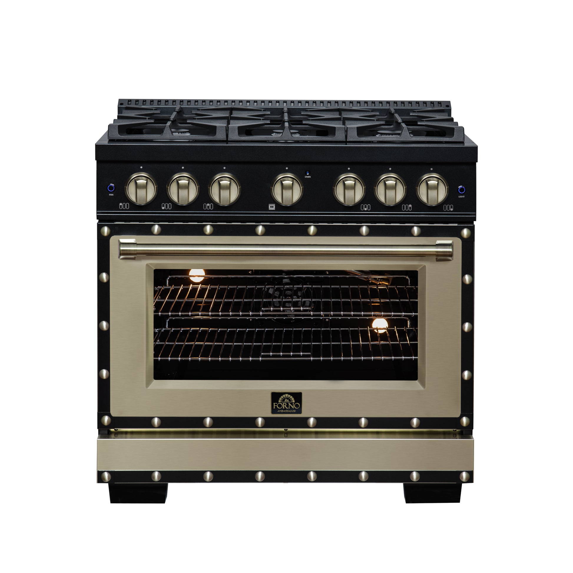 Valente 36" Gas Range in Black, 6 Sealed Burnes, 71 000 BTU Cooktop Output , 5.2 Cu.Ft. convection Oven, Telescopic Racks - Forno Appliances