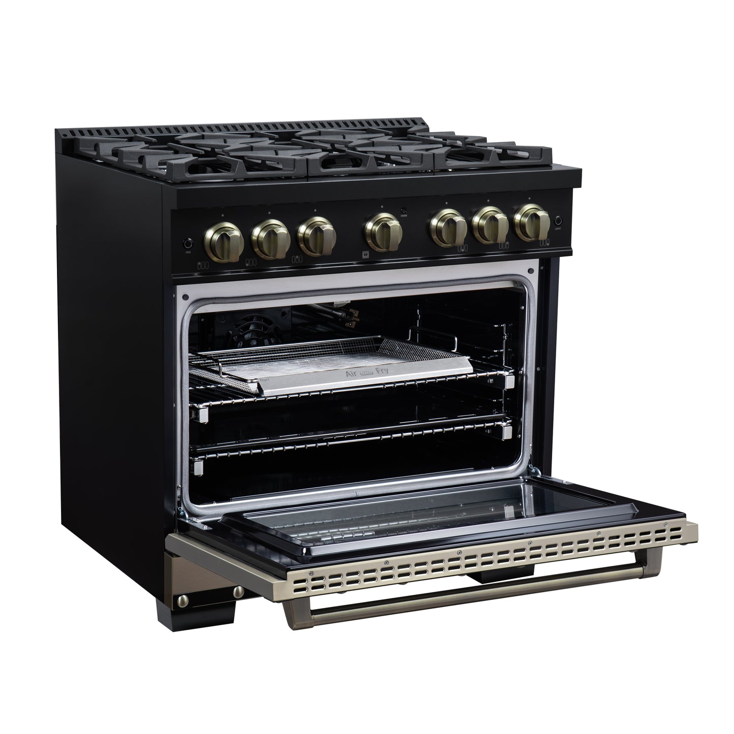 Valente 36" Gas Range in Black, 6 Sealed Burnes, 71 000 BTU Cooktop Output , 5.2 Cu.Ft. convection Oven, Telescopic Racks - Forno Appliances