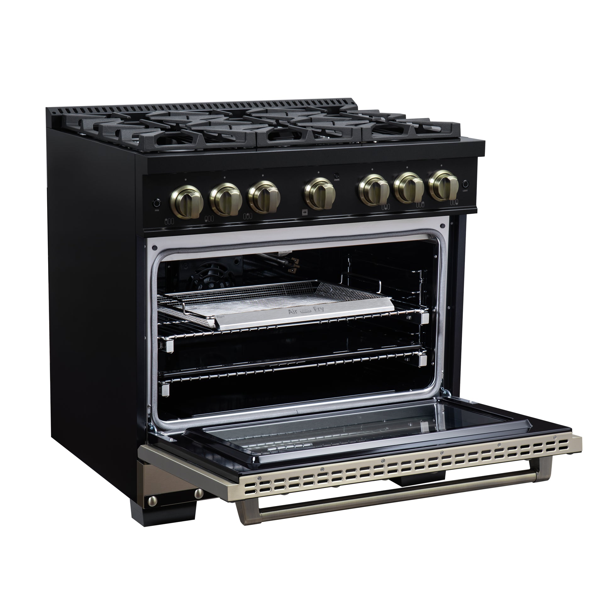 Valente 36" Gas Range in Black, 6 Sealed Burnes, 71 000 BTU Cooktop Output , 5.2 Cu.Ft. convection Oven, Telescopic Racks - Forno Appliances