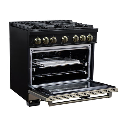 Valente 36" Gas Range in Black, 6 Sealed Burnes, 71 000 BTU Cooktop Output , 5.2 Cu.Ft. convection Oven, Telescopic Racks - Forno Appliances
