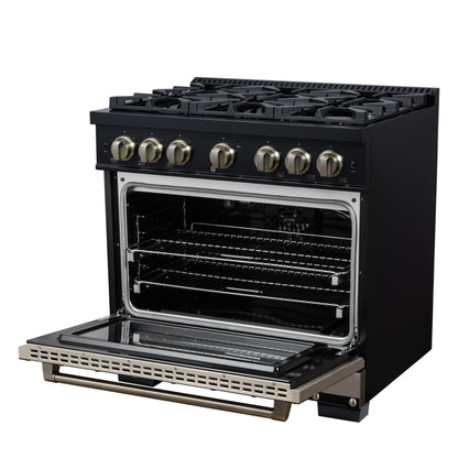 Valente 36" Gas Range in Black, 6 Sealed Burnes, 71 000 BTU Cooktop Output , 5.2 Cu.Ft. convection Oven, Telescopic Racks - Forno Appliances