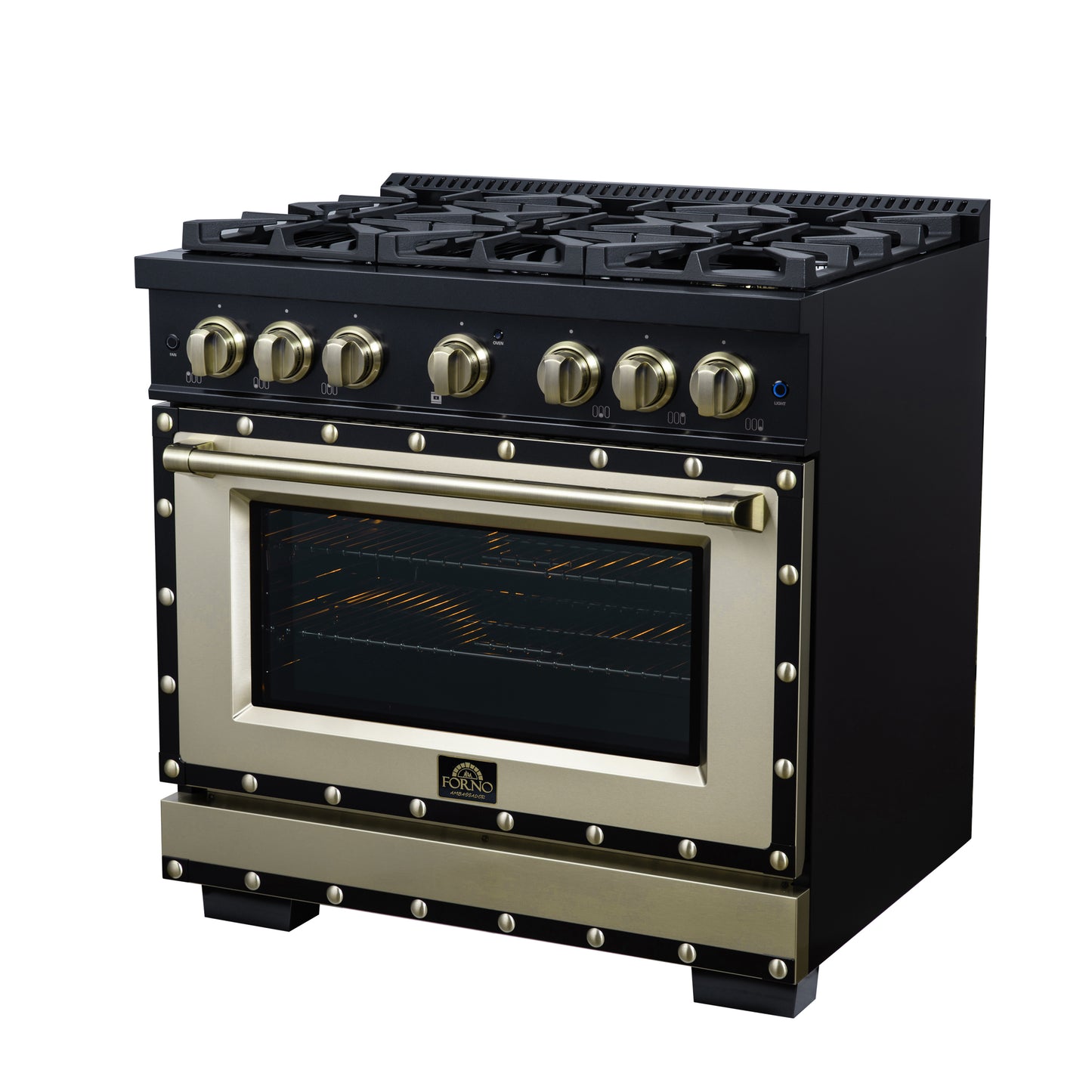 Valente 36" Gas Range in Black, 6 Sealed Burnes, 71 000 BTU Cooktop Output , 5.2 Cu.Ft. convection Oven, Telescopic Racks - Forno Appliances
