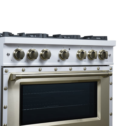 Valente 36" Gas Range in White, 6 Sealed Burnes, 71 000 BTU Cooktop Output , 5.2 Cu.Ft. convection Oven, Telescopic Racks - Forno Appliances