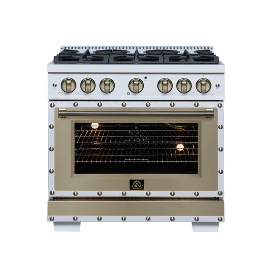 Valente 36" Gas Range in White, 6 Sealed Burnes, 71 000 BTU Cooktop Output , 5.2 Cu.Ft. convection Oven, Telescopic Racks - Forno Appliances
