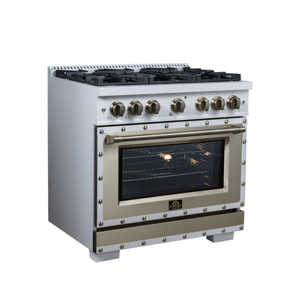 Valente 36" Gas Range in White, 6 Sealed Burnes, 71 000 BTU Cooktop Output , 5.2 Cu.Ft. convection Oven, Telescopic Racks - Forno Appliances