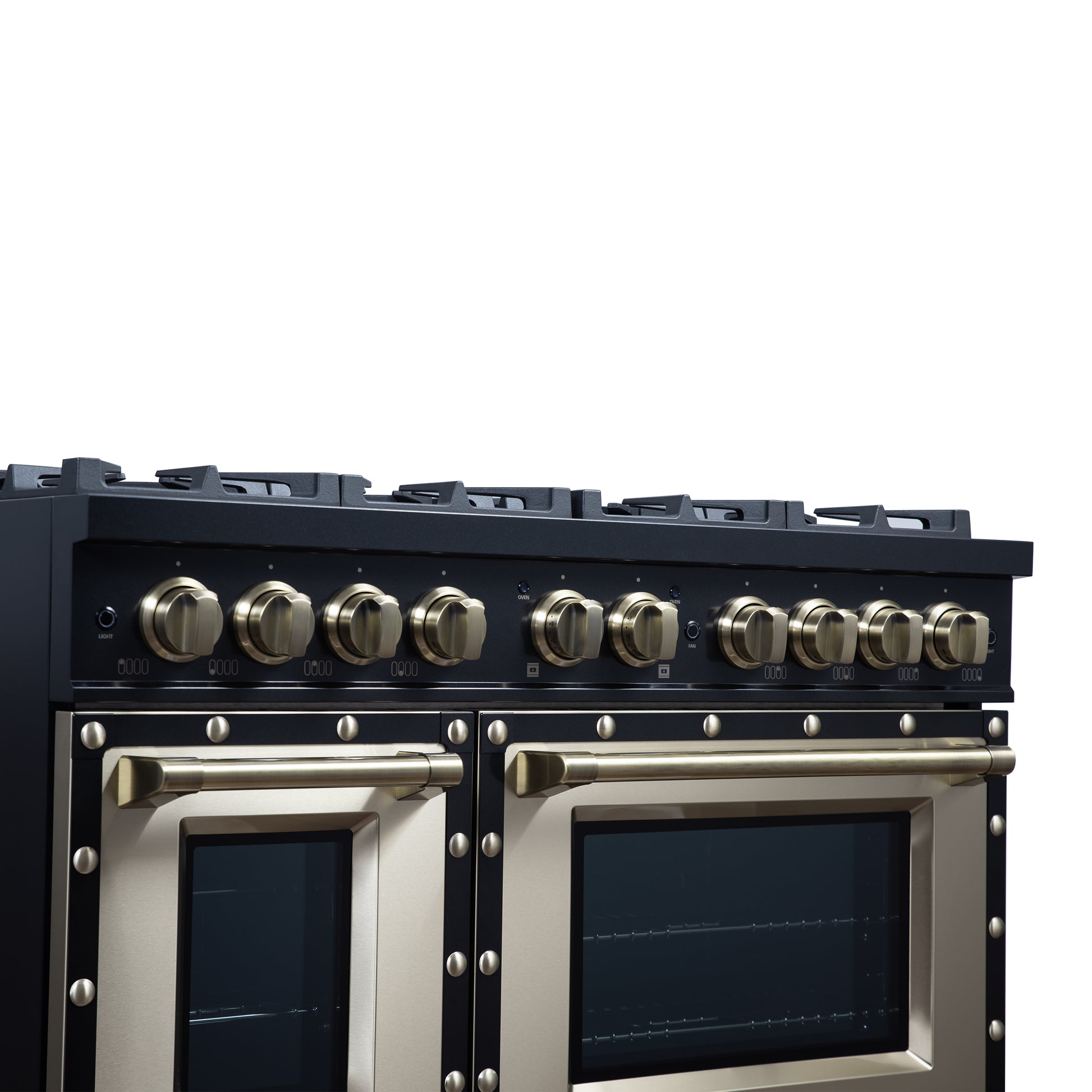 Valente 48" Gas Range in Black, 8 Sealed Burnes, 94 000 BTU Cooktop Output, 6.7 Cu.Ft. Double Oven, Telescopic Racks - Forno Appliances
