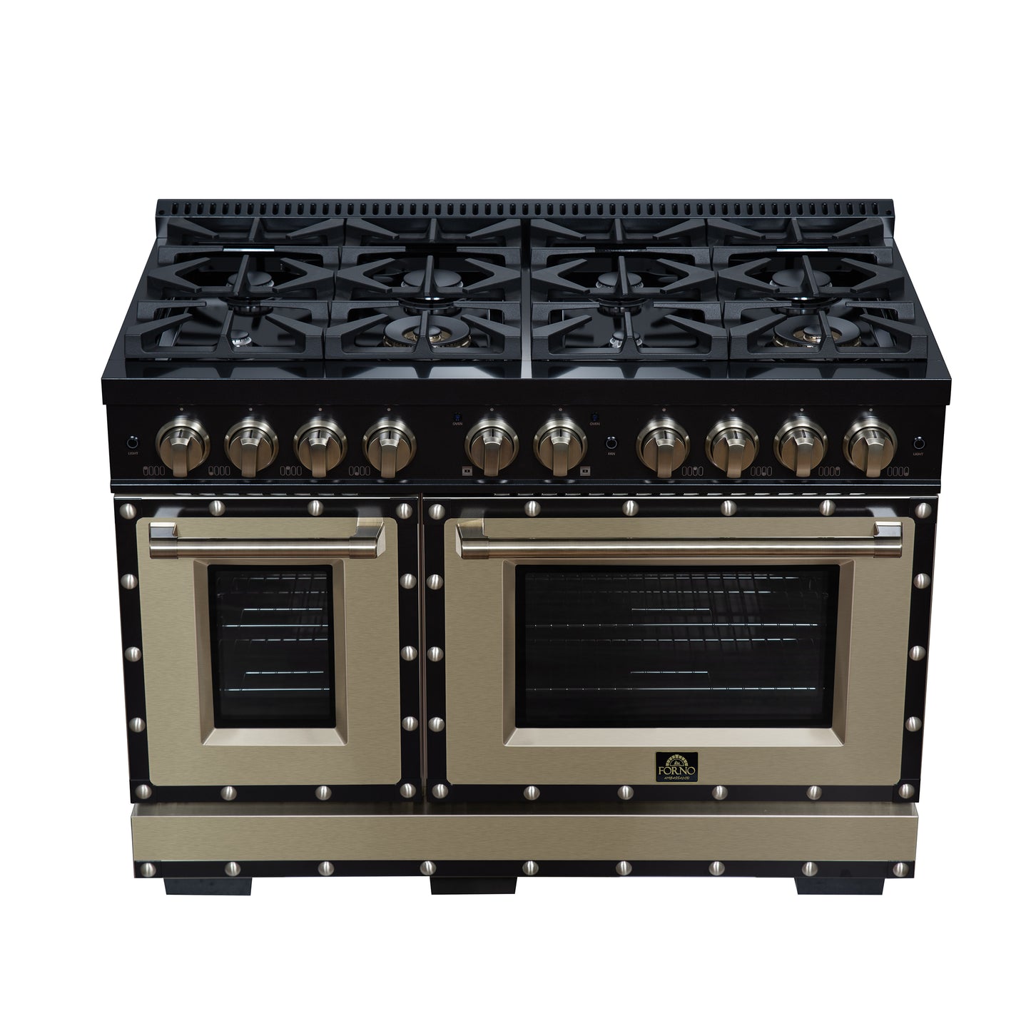 Valente 48" Gas Range in Black, 8 Sealed Burnes, 94 000 BTU Cooktop Output, 6.7 Cu.Ft. Double Oven, Telescopic Racks - Forno Appliances