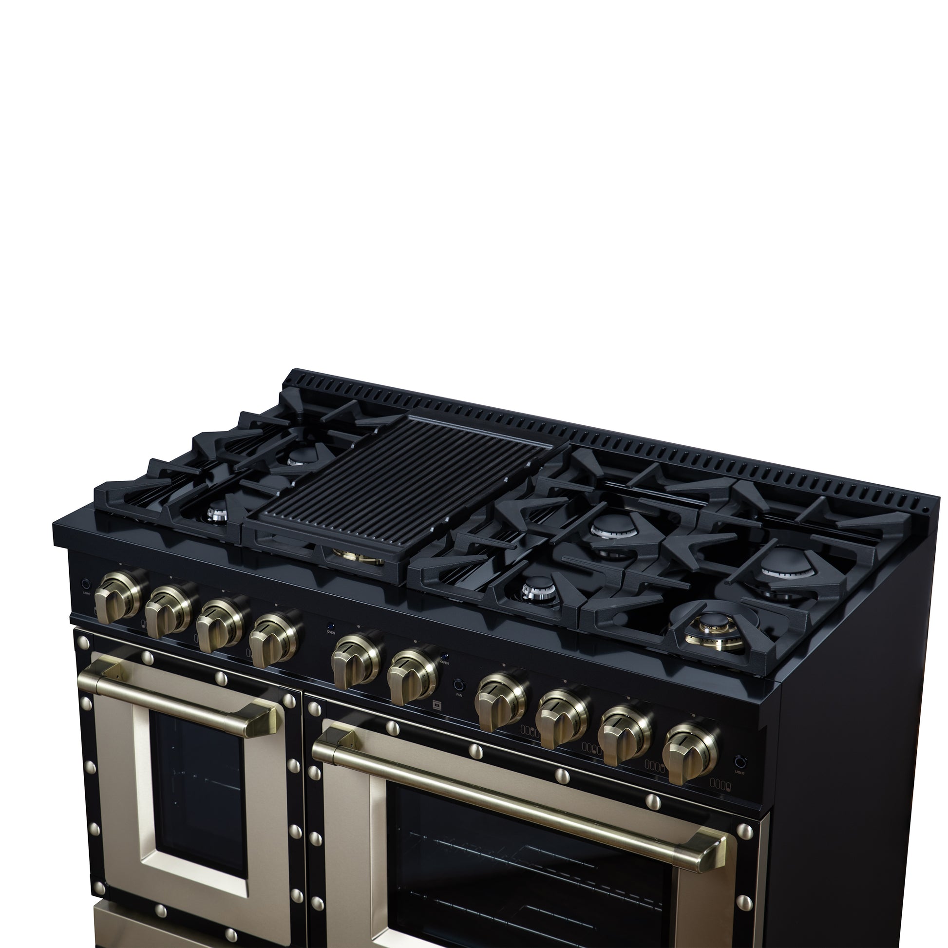 Valente 48" Gas Range in Black, 8 Sealed Burnes, 94 000 BTU Cooktop Output, 6.7 Cu.Ft. Double Oven, Telescopic Racks - Forno Appliances