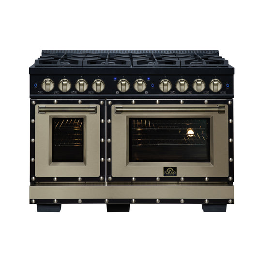Valente 48" Gas Range in Black, 8 Sealed Burnes, 94 000 BTU Cooktop Output, 6.7 Cu.Ft. Double Oven, Telescopic Racks - Forno Appliances