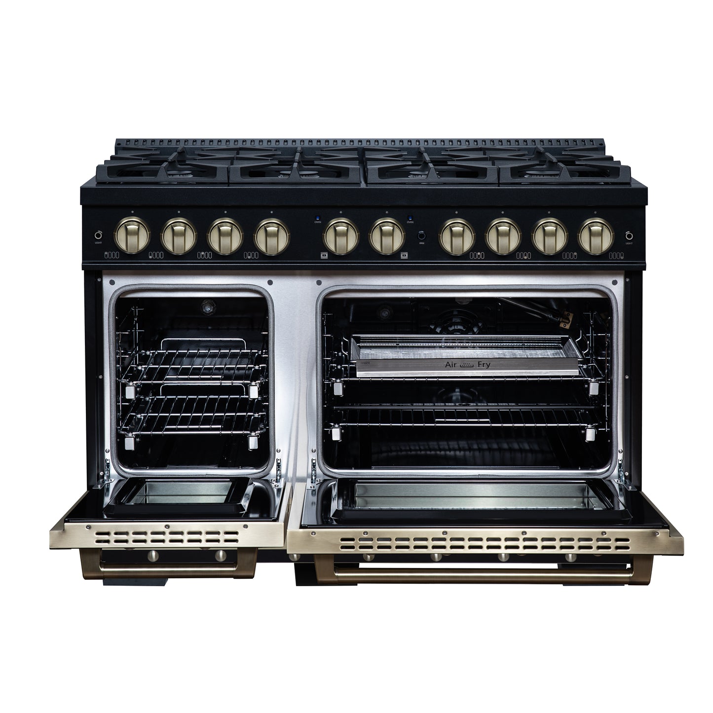 Valente 48" Gas Range in Black, 8 Sealed Burnes, 94 000 BTU Cooktop Output, 6.7 Cu.Ft. Double Oven, Telescopic Racks - Forno Appliances